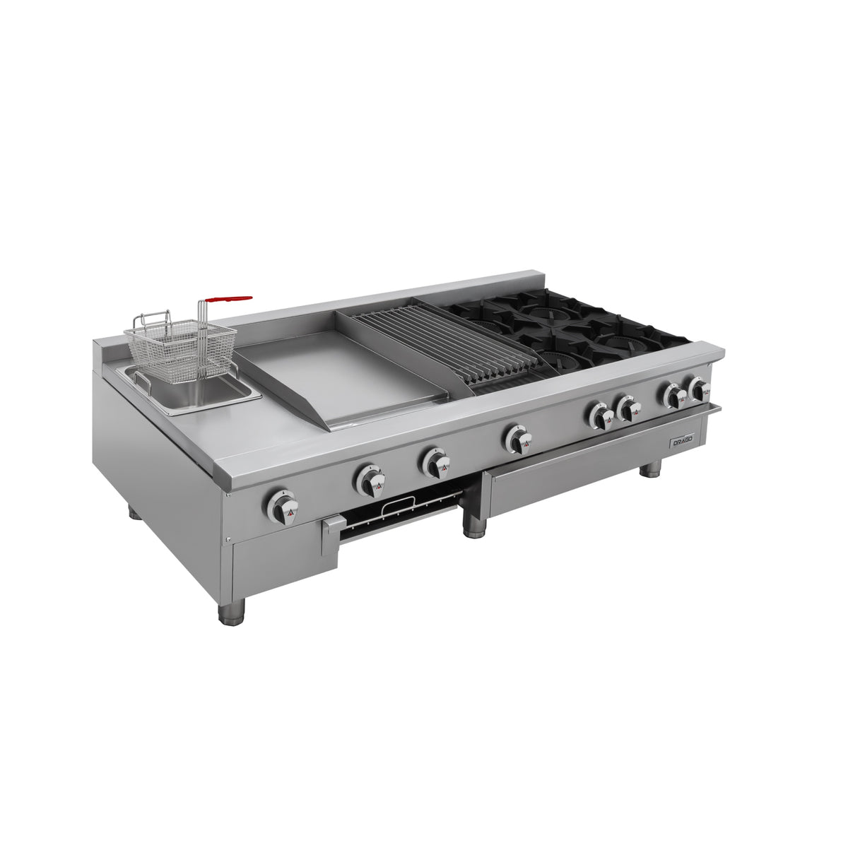 Drago UNIVERSAL UDM – Estufa de mesa con 4 quemadores, asador de 1 pie, plancha de 1 pie, freidora y gratinador