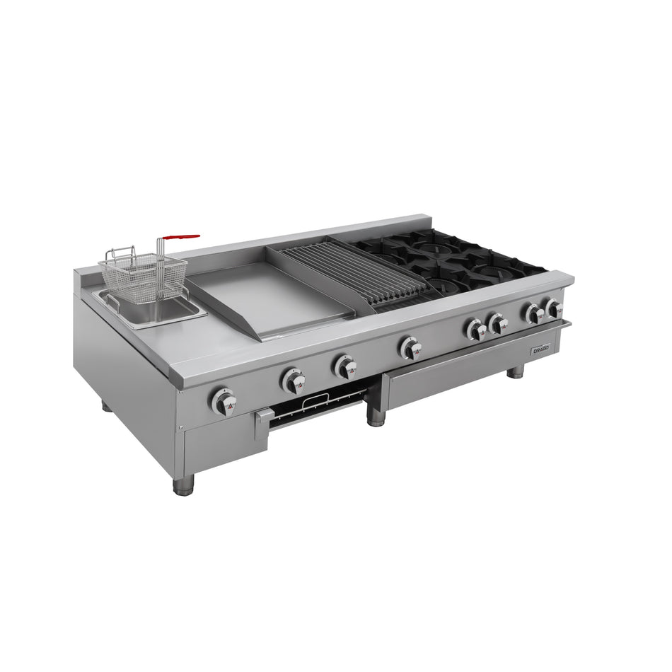 Drago UNIVERSAL UDM – Estufa de mesa con 4 quemadores, asador de 1 pie, plancha de 1 pie, freidora y gratinador