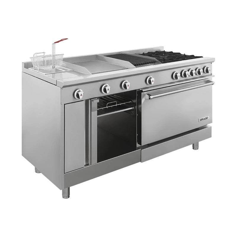 Drago UNIVERSAL STD – Estufa con 4 quemadores, horno, asador de 1 pie, plancha de 1.5 pies, freidora y gratinador