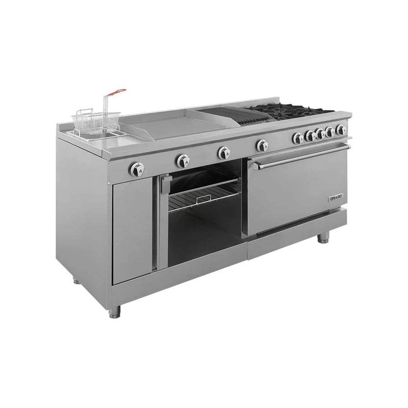Drago UNIVERSAL PD – Estufa con 4 quemadores, horno, asador de 1 pie, plancha de 2 pies, freidora y gratinador