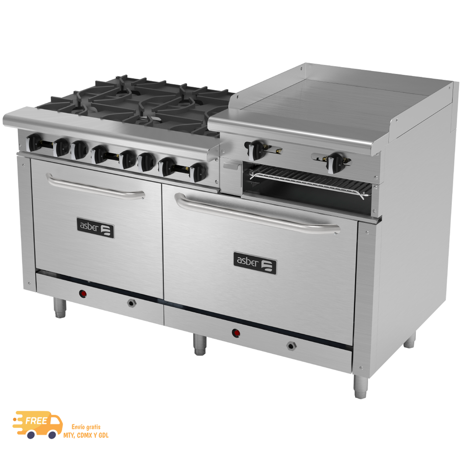 ASBER AEMR-2-RG24-B6-60-H Estufa Múltiple 6 Quemadores con Plancha Elevada 24" + Gratinador y 2 Hornos 24" y 36"