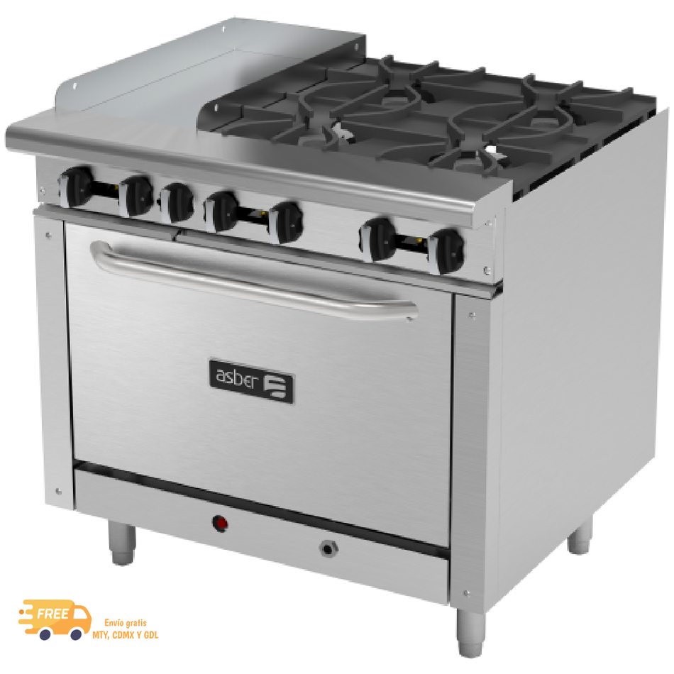 ASBER AEMR-G12-B4-36 Estufa Múltiple 4 Quemadores con Plancha 12" y Horno 36"