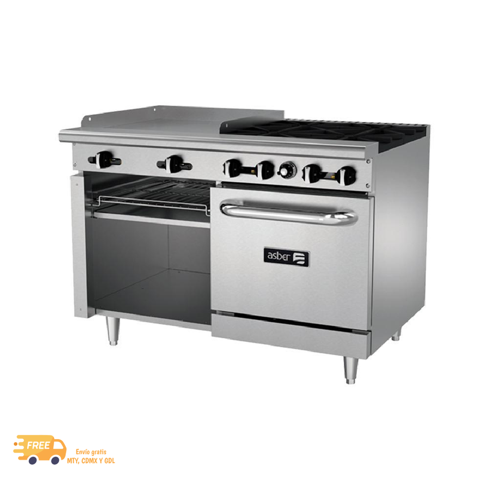 ASBER AEMR-G24-B4-48 Estufa Múltiple 6 Quemadores con Plancha 24"+ Gratinador y Horno 24"