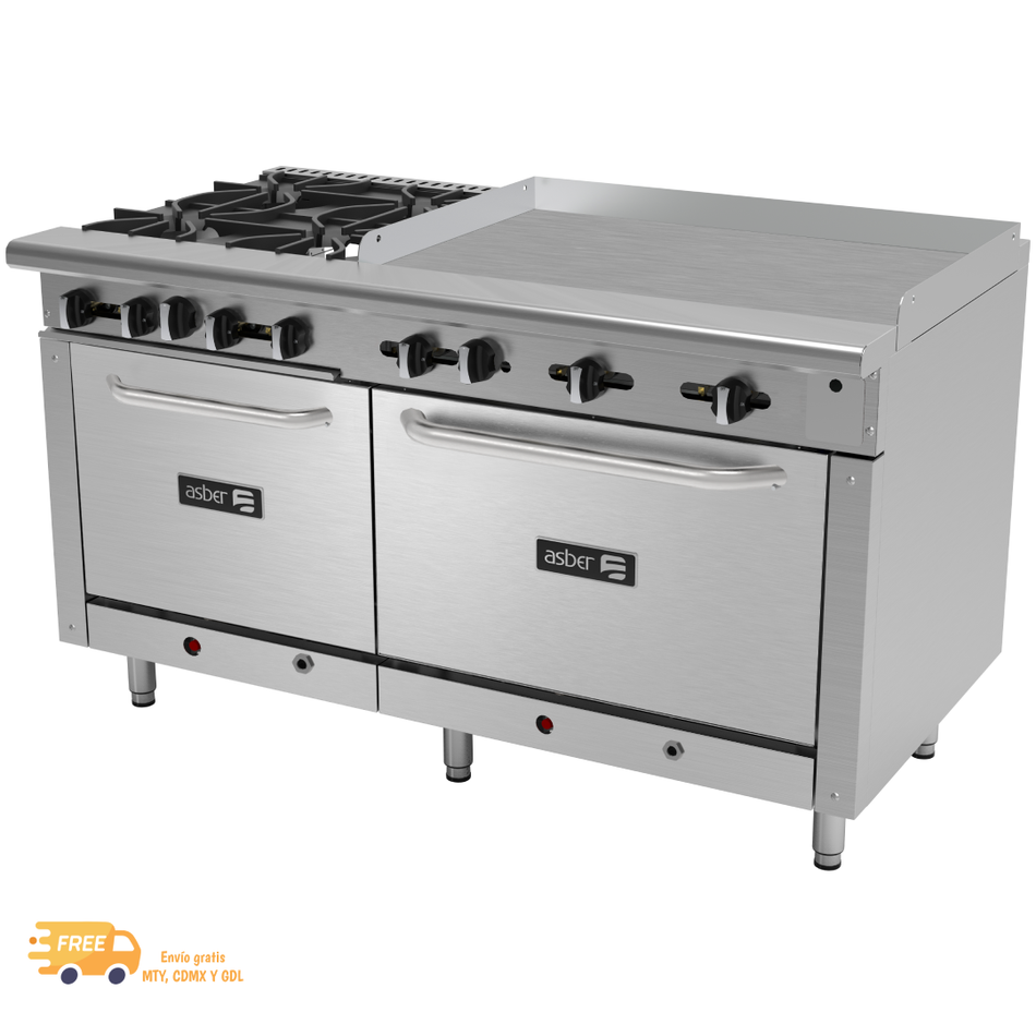 ASBER AEMR-2-G36-B4-60-H Estufa Múltiple 4 Quemadores con Plancha 36" y 2 Hornos 24" y 36"