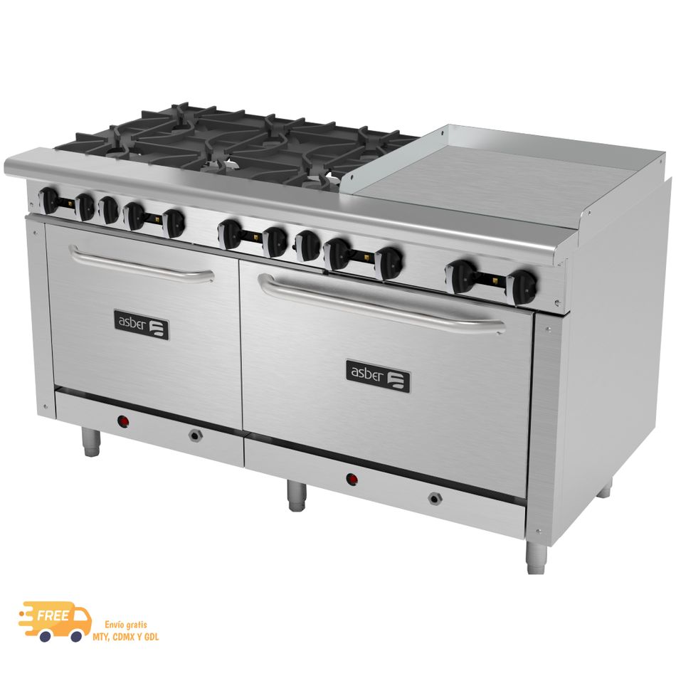 ASBER AEMR-2-G24-B6-60-H Estufa Múltiple 6 Quemadores con Plancha 24" y 2 Hornos 24" y 36"