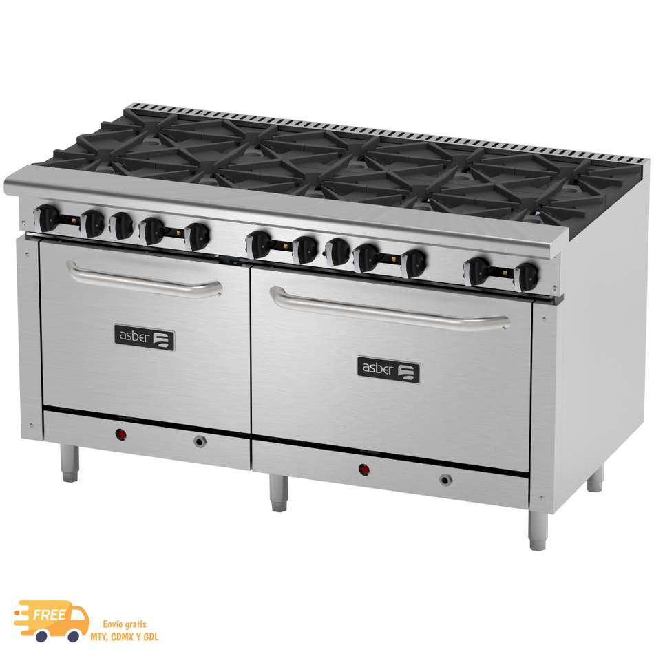 ASBER AER-2-B10-60 Estufa a Gas 10 Quemadores con 2 Hornos 24" y 36"